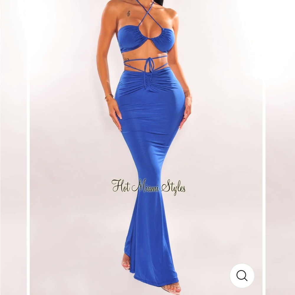 ROYAL BLUE HALTER DRAWSTRING MERMAID MAXI SKIRT TWO PIECE SET